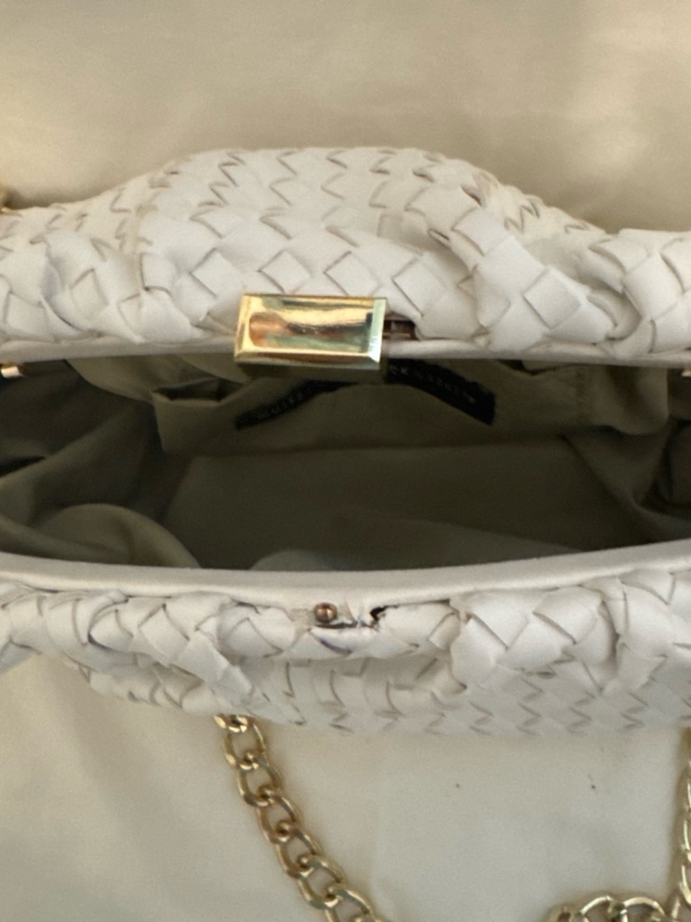 White House Black Market White Woven Clutch with Gold Chain Strap - Picture 3 of 3